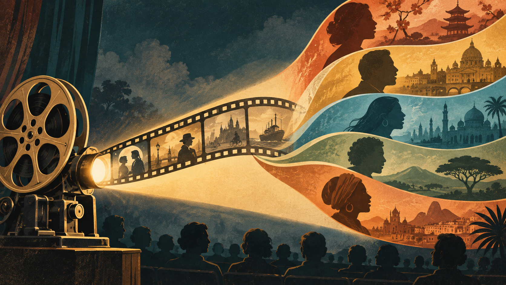 An illustrated film projector sends ribbons of color across a world of cinema and language.
